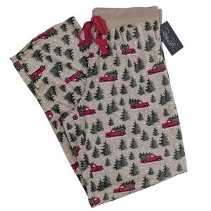 Rene Rofe Lounge Pants Velour Winter Pine Trees Red Trucks Snow Cafe Latte L NWT